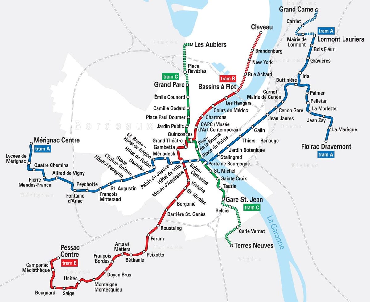 tramvaja kartes Bordo, francija